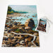 Rocky shore line retreats into blue atmosphere. painting printed on a puzzle, with a bag tied with a draw string.